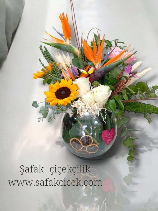 cam fanusta starliçe ve çeşitli çiçekler