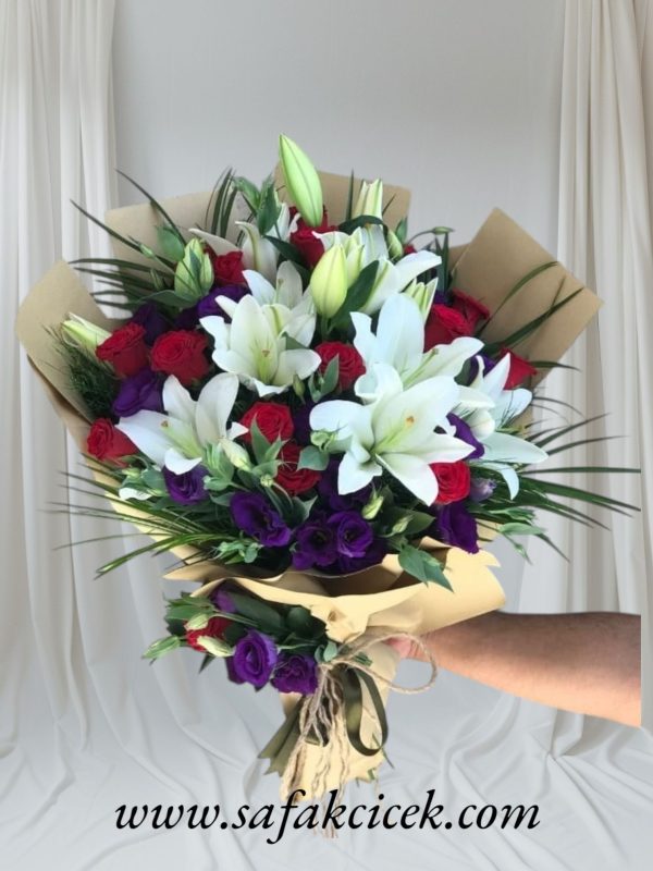 Lilyum+kırmızı gül+mor lisyantüs